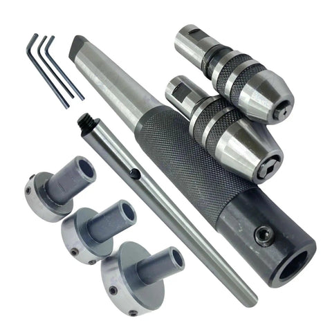 Pro 8-Piece Mt2 Lathe Tailstock Tap And Die Holder Combo Kit With Precision Morse Taper Shank, Full Tapping Set, Stop Handle, Premium Wooden Box For Serious Machinists: MT2 holders and taps on white