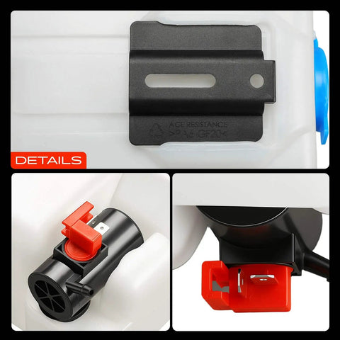 Top Shelf Universal Windshield Washer Pump And Fluid Reservoir Tank Bottle Kit With Slick 12 Volt Motor components showing mounting and connections.