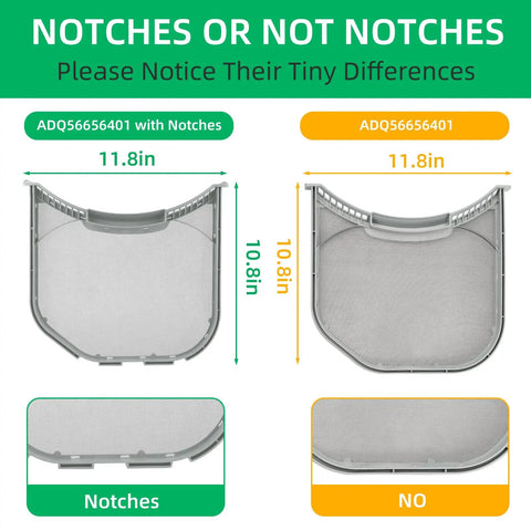 Comparison of Upgraded Stainless Steel Dryer Lint Filter Screen for front loaders showing models ADQ56656401 with and without notches