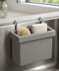 Straight Up Sturdy Hanging Closet Organizer With Dual Steel Hooks For Laundry And Small Garments Rigid Framed Storage Basket Black Closet Game Changer hanging in a kitchen with cleaning items.