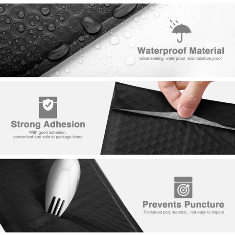 Close-up of Black Bubble Mailers 6x10 Inch 100 Pack Padded Envelopes With Inner 6x9 Usable Size showcasing waterproof quality and adhesion