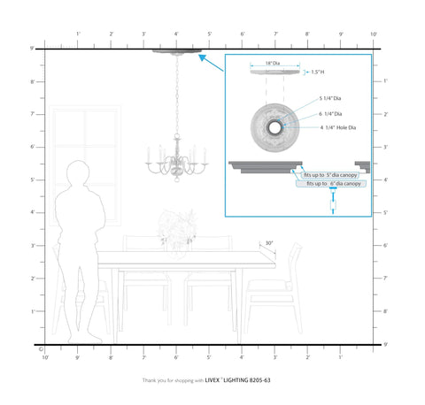 Diagram of Verona Bronze Ceiling Medallion With Aged Gold Leaf Accents For Chandelier Or Light Fixture, 18in diameter above table.
