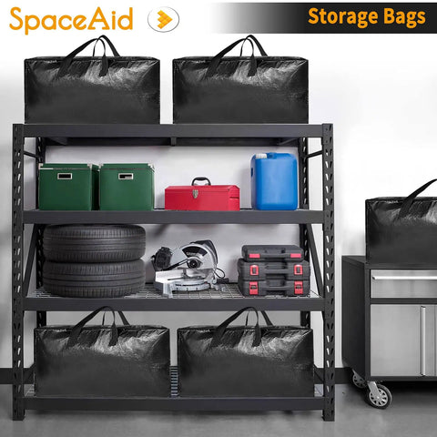 Heavy Duty Moving Bags 8 Pack Large Storage Totes With Backpack Straps And Tough Handles And Zippers For Moving And Dorm Organization 86 Liter Capacity Holds Up To 60lbs Durable Coated PE Weave on metal storage shelves.