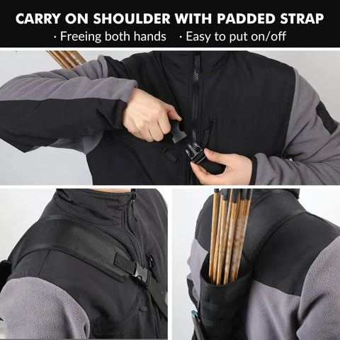 Lightweight Back Archery Quiver With Foldable Compact Hip Bag Dual Use Design showing padded strap and arrow holder on shoulder