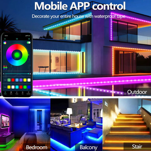 IP68 Waterproof LED Strip Lights USB Powered 5V With Music Sync Bluetooth App And RF Remote For Outdoor Balcony Deck Camping Garden And Bedroom Decor That Slaps displayed on house, bedroom, balcony, stair.