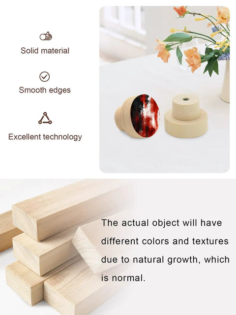 Dope Abstract Red And Black Cabinet Knobs Set 1.4 Inch Solid Beech Wood Drawer Pulls with smooth edges and solid material.