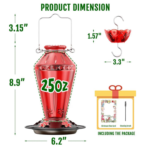 Glass Hummingbird Feeder For Outdoors, 25oz Red With 5 Flower Ports And Bee Guard, Ant Moat, Leakproof Design, 360 Degree Perch