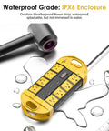 Weatherproof Outdoor Power Strip With Eight Outlets, Waterproof Extension Cord For Wet Areas, IPX6 Rated, shown with water splashes.