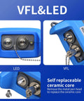 Rechargeable Optical Power Meter For Fiber Optic Testing with VFL and LED feature, close-up of connectors and replaceable ceramic core
