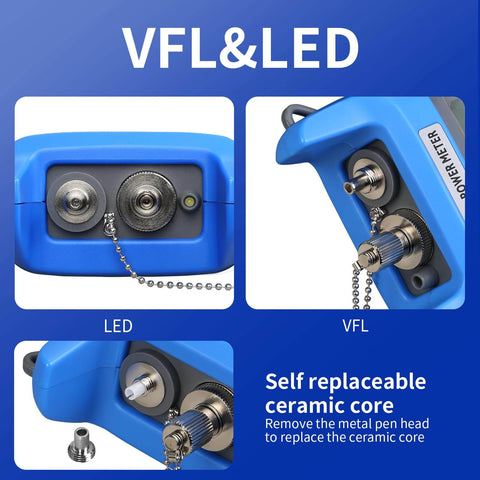 Rechargeable Optical Power Meter For Fiber Optic Testing with VFL and LED feature, close-up of connectors and replaceable ceramic core