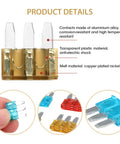 Close-up of Micro 3 Blade Automotive Fuse Kit with see through windows and labeled materials, 24 piece set for cars and boats.