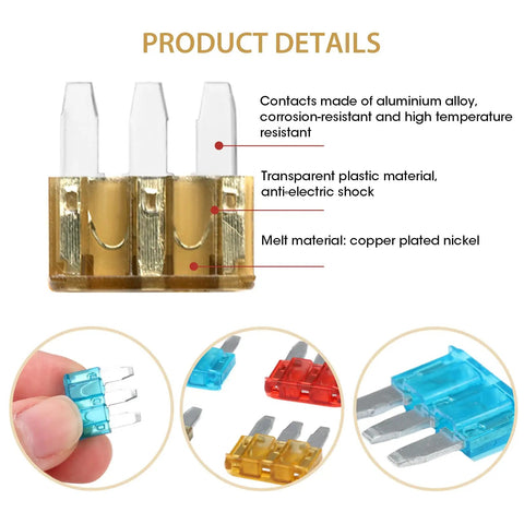 Close-up of Micro 3 Blade Automotive Fuse Kit with see through windows and labeled materials, 24 piece set for cars and boats.