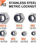 Nylon Insert Lock Nuts Set In 304 Stainless Steel, 140 Piece Assortment For M3 To M12, showing various nut sizes
