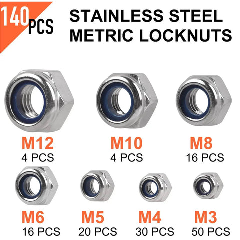Nylon Insert Lock Nuts Set In 304 Stainless Steel, 140 Piece Assortment For M3 To M12, showing various nut sizes