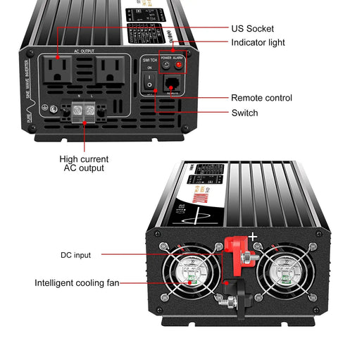 Front and back view of 2000W Pure Sine Wave Inverter 12V To 120V AC Converter For Home And Off Grid Solar with sockets and cooling fan.