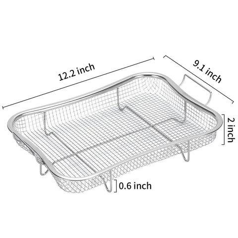 Stainless Steel Air Fryer Basket Set For Oven With Nonstick Mesh Rack 360 Degree Air Flow Roasting Tray showing dimensions