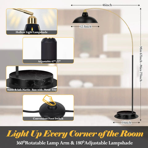 Arc Floor Lamp With Marble Base In Black Gold Finish, Industrial Tall Standing Lamp, 360 Rotatable Arm in modern living room