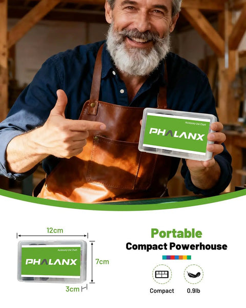 Man holding green Phalanx portable compact powerhouse measuring 12cm x 7cm x 3cm, 0.9lb, in a workshop setting