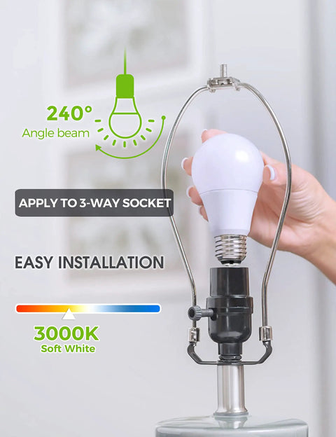 Hand installing 3 Way LED Bulbs 50, 100, 150W Equivalent, Dimmable A19 E26 Base, Soft White 3000K into a lamp socket