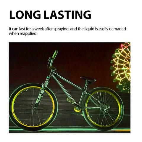 Glow In The Dark Spray Paint Outdoor Fluorescent Reflective Paint (green) applied on a bike's wheels for visibility.