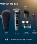 Wet And Dry Electric Shaver With SenseIQ Tech, Lift And Cut System, 360 Rotating Dual Blades, Beard Styler, Close Shave For Neck And Under Nose, Waterproof And Washable, All Day Battery, A Total Grooming Game-Changer, Model X9001-91 with travel case, beard styler, clean pod, and USB-A cable