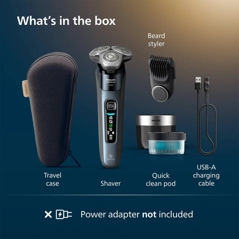 Wet And Dry Electric Shaver With SenseIQ Tech, Lift And Cut System, 360 Rotating Dual Blades, Beard Styler, Close Shave For Neck And Under Nose, Waterproof And Washable, All Day Battery, A Total Grooming Game-Changer, Model X9001-91 with travel case, beard styler, clean pod, and USB-A cable