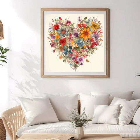 5D Diamond Painting Kit For Adults Heart Flower Design Easy To Use DIY Full Drill Gem Painting On wall above sofa.