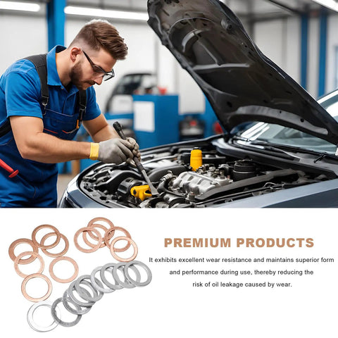 Mechanic using 80 Pack Car Oil Drain Plug Crush Washers Set with 10mm 12mm 14mm 16mm 18mm Copper Gaskets for Tight Seals