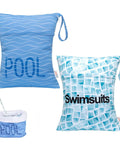 Two Pack Ultra Waterproof Wet Dry Bags With Dual Zippered Pockets Reusable Diaper Travel Beach Pool Daycare Soiled Items For Swimwear Gym Bag Great For Swim Gear; blue and patterned bags with text 'POOL' and 'Swimsuits', water being poured in.