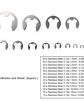 Pro Grade Stainless Steel E Clip Retaining Ring Set With 400Pcs Assortment Kit Sizes 1.5mm To 15mm showing size variations and specifications.