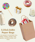 60 Pack Small Brown Kraft Gift Bags With Handles 5.25 x 3.2 x 8 Inches Bulk with treats and gifts around