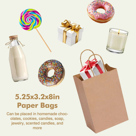60 Pack Small Brown Kraft Gift Bags With Handles 5.25 x 3.2 x 8 Inches Bulk with treats and gifts around