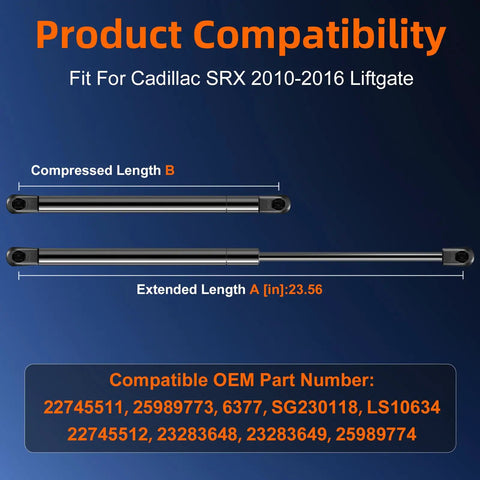 Cadillac SRX 2010 2016 Left Side Liftgate Replacement Lift Support Without Power Tailgate product dimensions shown