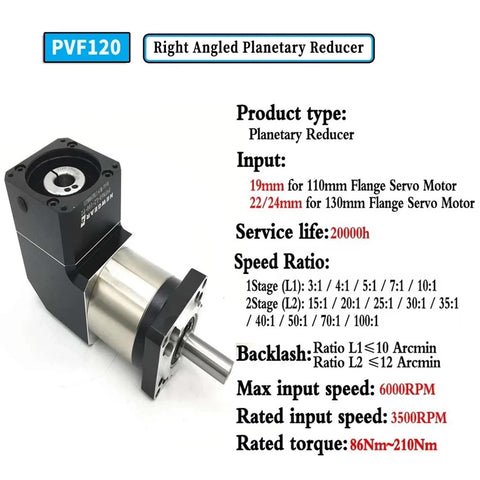 Beefy 90 Degree Planetary Reducer Gearbox For Nema 23 And Nema 34 Servo Motors, 3:1 To 100:1 Ratios, PVF120 model, right angle view