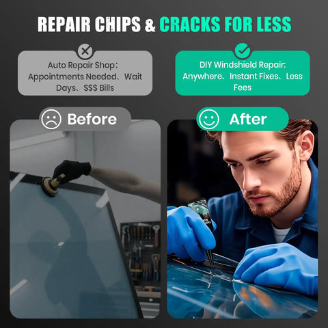 Comparison of auto repair shop and DIY Windshield Chip And Crack Repair Kit With 2026 Upgrade Resin Liquid for glass fixing.