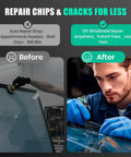 Side-by-side comparison showing DIY repair using Upgrade Windshield Crack Repair Kit Pro Grade Resin for Chips and Small Cracks.