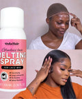 Lace Melting Spray For Glueless Wig Installs Stays Put Bonding Adhesive Wig Glue Spray with woman applying and styling wig.