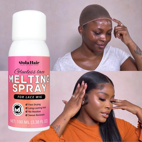 Lace Melting Spray For Glueless Wig Installs Stays Put Bonding Adhesive Wig Glue Spray with woman applying and styling wig.