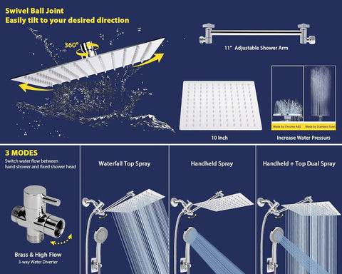 Diagram of dual rainfall shower combo with 11 inch extension arm, showcasing high pressure rain head, handheld spray, and swivel features.