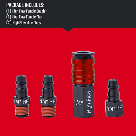 Four aluminum high-flow fittings with 1/4 in NPT threads