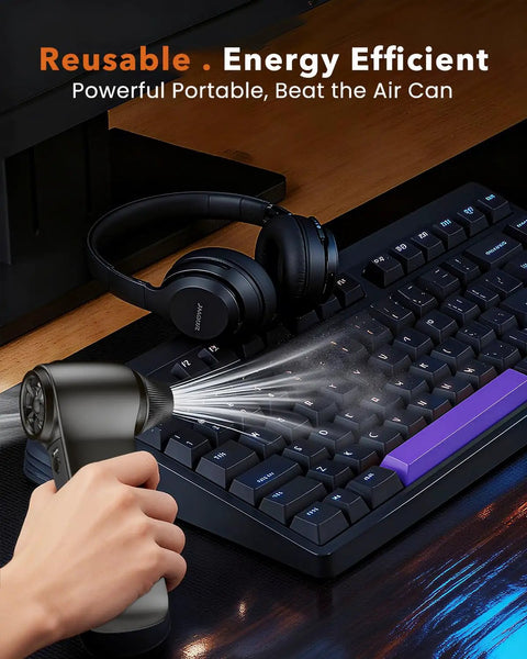 Beast Power Cordless Air Duster With 180000 RPM Turbo Airflow used to clean a computer keyboard