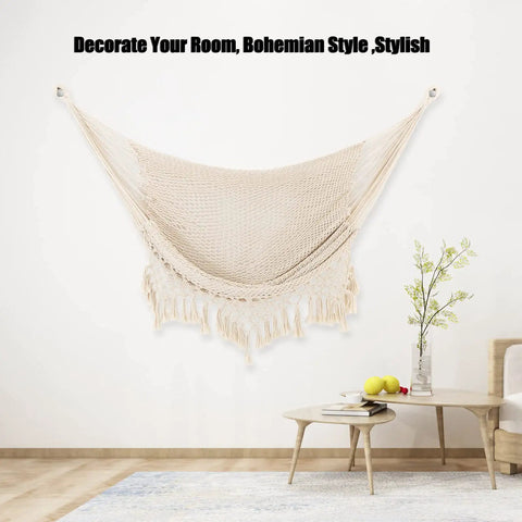 Cozy Cotton Rope Hammock Chair With 330Lb Weight Capacity installed indoors as bohemian decor, soft beige rope material.