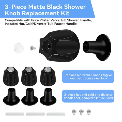 Matte Black 3-Piece Shower Knob Replacement Kit for Verve Tub Shower Handles displayed with screws and fittings