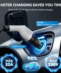 Sae J1772 To Type 2 EV Charger Adapter 32 Amp connected to electric vehicle, showcasing fast charging capabilities.