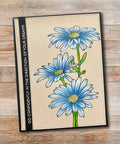 Greeting card featuring blue chamomile flowers from the Cute Chamomile Silicone Clear Stamp And Die Set for card making and scrapbooking.