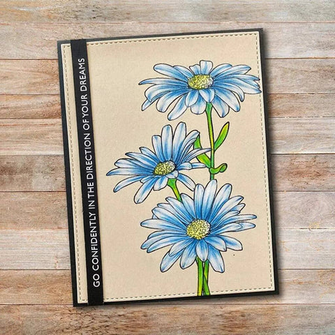 Greeting card featuring blue chamomile flowers from the Cute Chamomile Silicone Clear Stamp And Die Set for card making and scrapbooking.