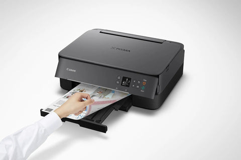 All In One Wireless Inkjet Printer Print Copy Scan With Alexa 1.44 Inch Oled Display showing paper output with hand using printer.