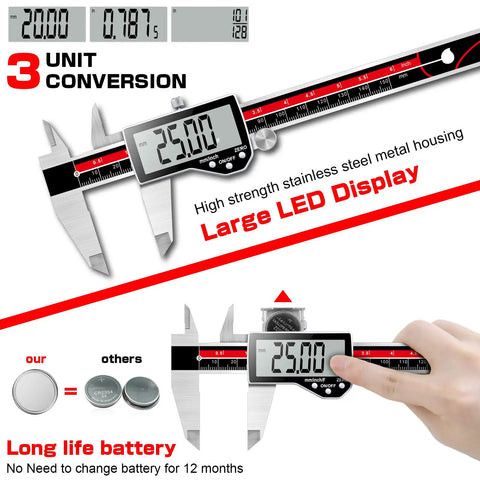 Electronic Digital Caliper With 6 Inch Range And Ultra Accurate Vernier Caliper For Inches Millimeters And Fractions Perfect For Jewelry Making Metalworking Engineering DIY Pros And Carpenter Projects with large LED display, stainless steel body, and CR2032 battery.
