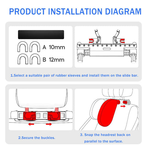 Installation diagram for Snazzy Car Headrest Neck Pillow For Mini Cooper Se Convertible John Cooper Works Electric with steps.