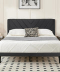 Queen Size Platform Bed Frame With Velvet Headboard And Wing Edge Design Crafted From Solid Wooden Slats For Legit Noise Free Rest No Box Spring Needed Straight Up Easy Assembly Matte Black Finish in modern bedroom setting.